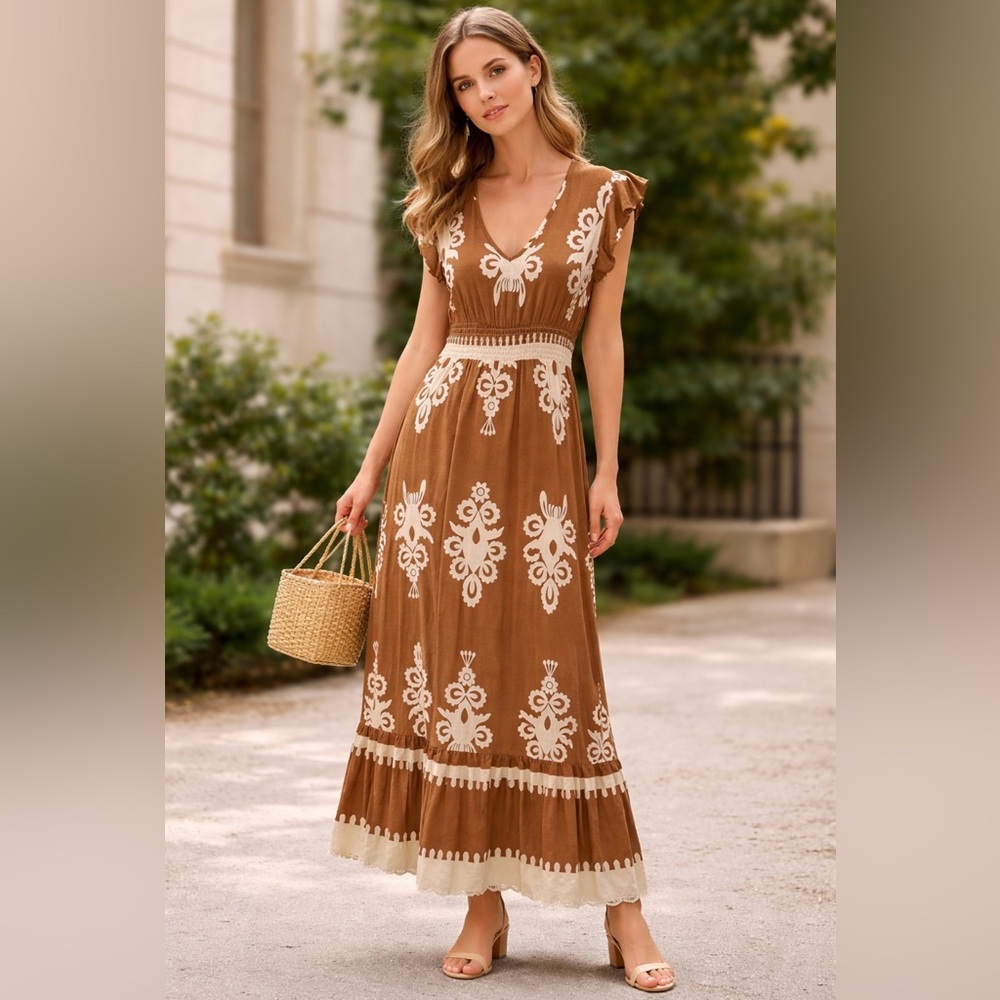 Emery Rose Bohemian Maxi Dress Ruffle Sleeve Smocked Waist Party Casual Sz MED